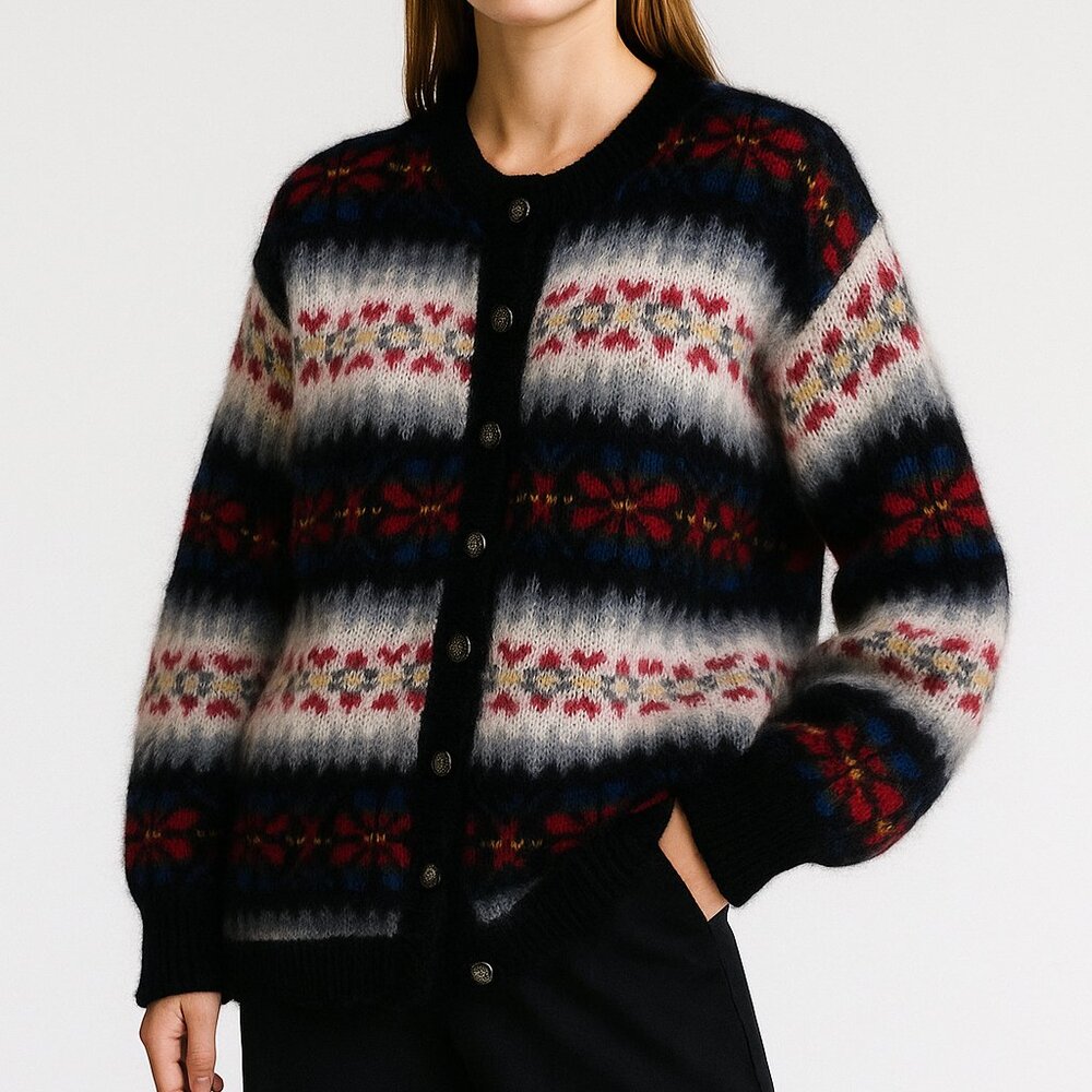 Susan Bristol Black, White & Red Patterned Mohair Blend Cardigan